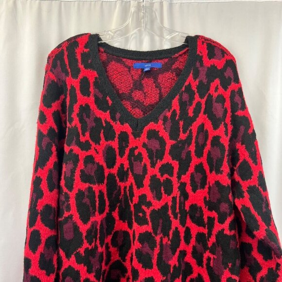 Apt.9 Womens V-Neck Leopard Print Pullover Sweater Red/Black Size Large - Picture 2 of 8